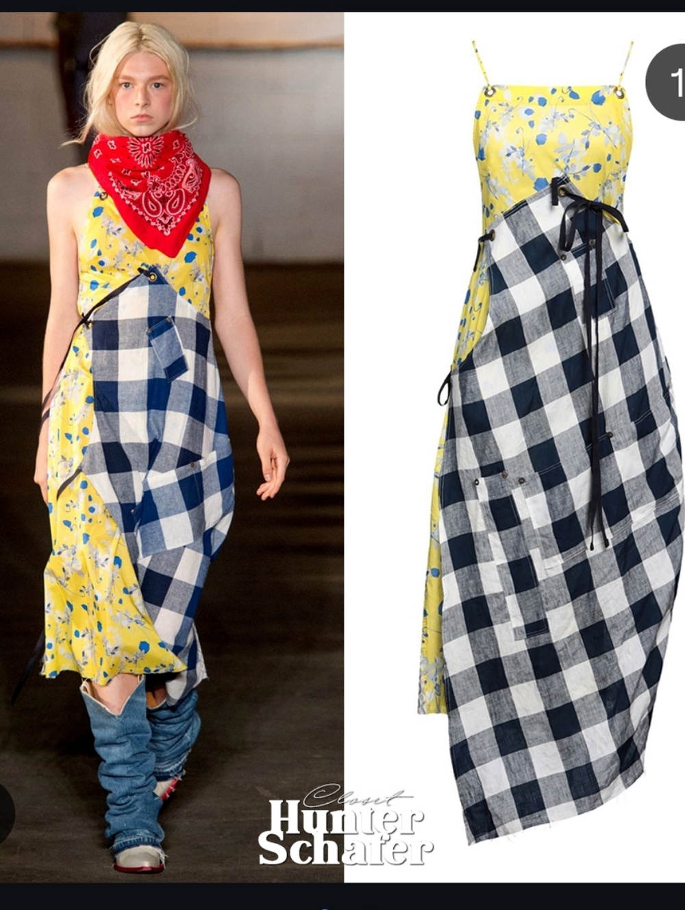 R13 Yellow Floral, Pastel Floral and Blue Check Double Apron Maxi Dress - Picture 2 of 4